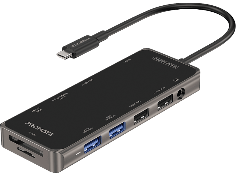 Hub USB | Primehub-Pro 100W PD HDMI 4K, 1080 VGA, Ethernet Tarjeta SD/TF, 4xUSB-A PROMATE, Gris 