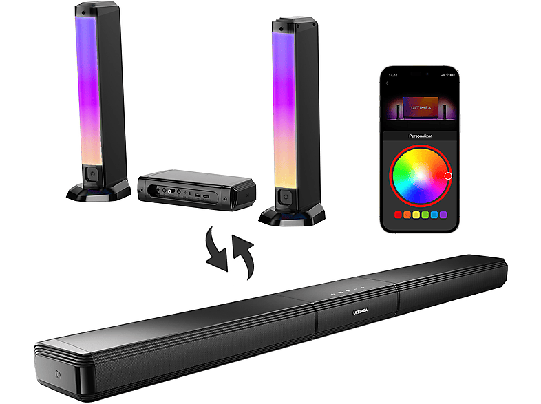 Barra de sonido sin subwoofer | ULTIMEA Apollo S70 - 180W 5.0 Barra de Sonido con Subwoofer Incorporado, Control por App y Luz RGB, Bluetooth, Subwoofer Integrado, Negro 