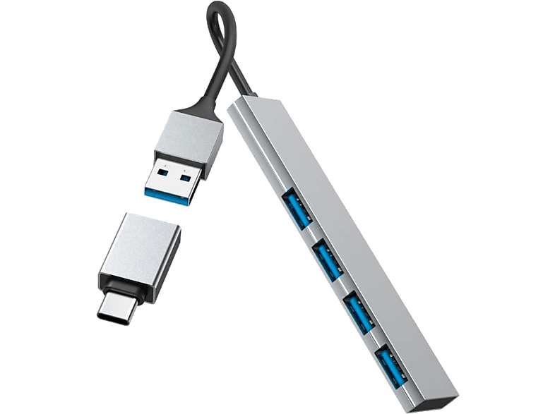 Hub | Hama 00200141, 4 puertos, USB 3.2 Gen1, 5 Gbit/s, Adaptador USB-C, Gris