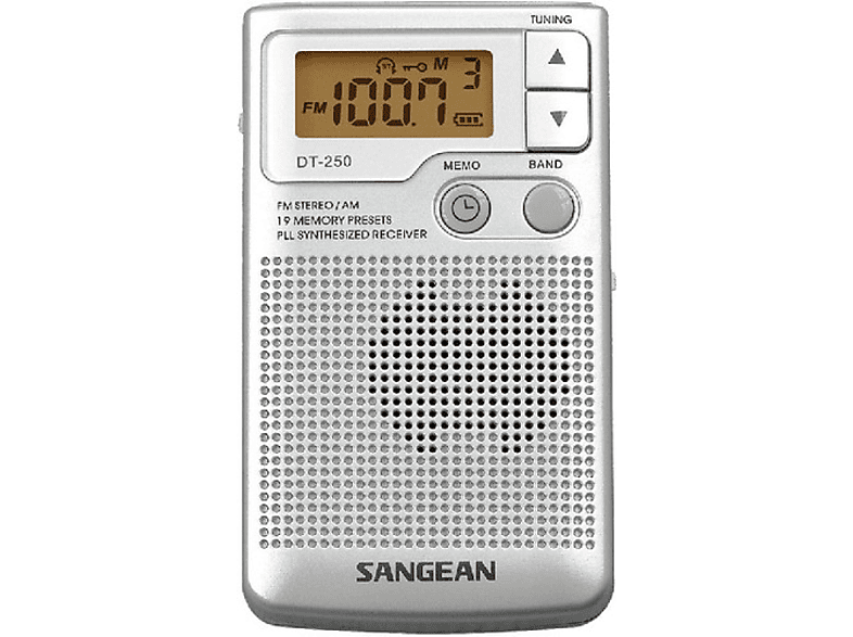 Radio portátil | Sangean DT-250, AM/FM, Dynamic Bass Boost, Pantalla LCD, Plata