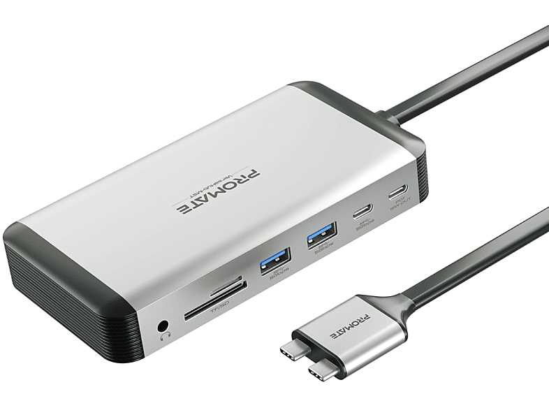 Hub USB-C MST Multi-Pantalla Monitores Duales | VERSAHUB-MST 100W 13-en-1 HDMI 4K Dual 3840*2160@60HZ Conector USB-C Dual para MacBook PROMATE, Gris 