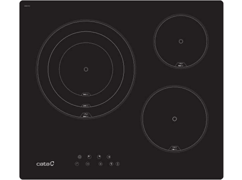 Placa vitrocerámica | Cata TT 6003, 3 zonas, Zona grande 28 cm, Control táctil, 56 cm, Negro