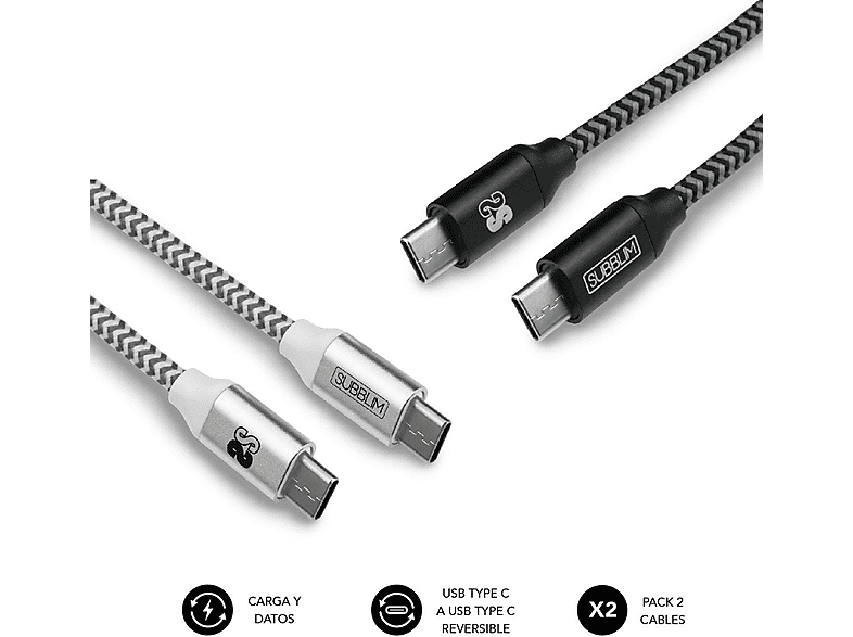 Pack 2x cables USB Tipo C-USB Tipo C | SUBBLIM Pack 2 Cables Usb Tipo C – Usb Tipo C (3.0A) Negro/Plata