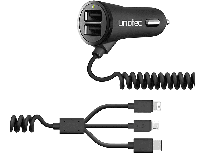 Cargadores | UNOTEC CARGADOR DE COCHE MULTICONEXION CON CABLE HELICOIDAL Y 2X USB 31.0342