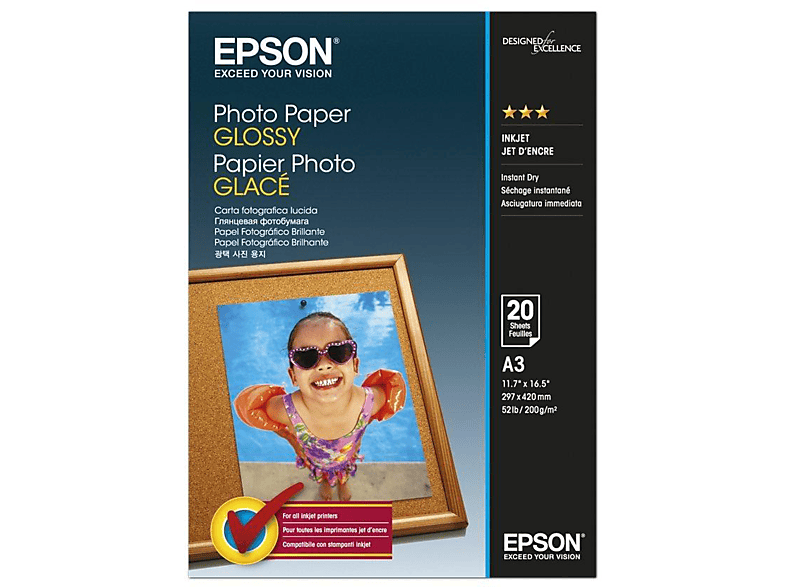 Epson | Papel de fotografía satinado - A3 (297 x 420 mm) - 200 g/m2 - 20 hoja(s) - para Artisan