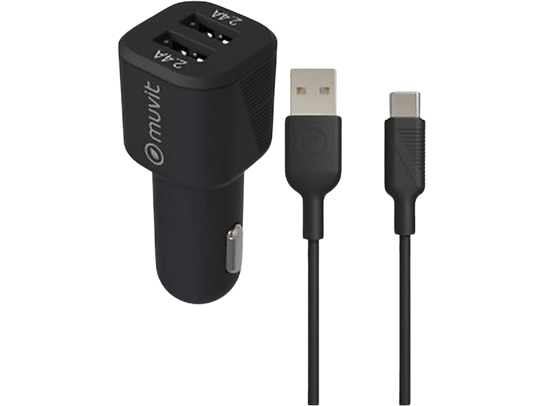 Cargador USB para coche | muvit MCPAK0052, 2x USB-A, Universal, 1.2m, Negro + Cable USB-C a USB-A