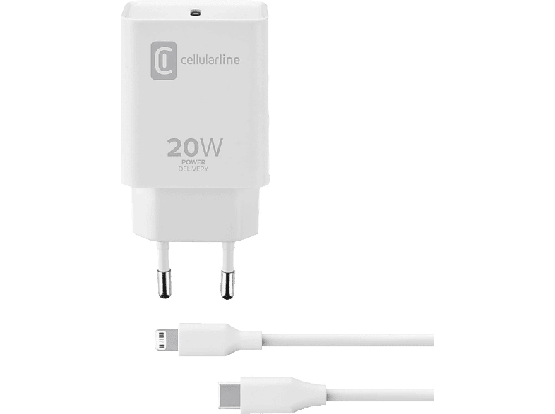 Cargador | CellularLine ACHIPHKITC2LM, Para Apple iPhone y iPad, Cable Lightning, USB-C, 100 cm, 20W, Blanco