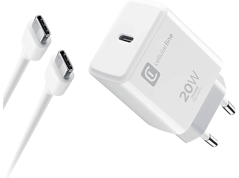 Cargador | CellularLine ACHIPHKITC2CPD20WW, Kit cargador y cable, Para iPhone, USB-C, 20W, Blanco