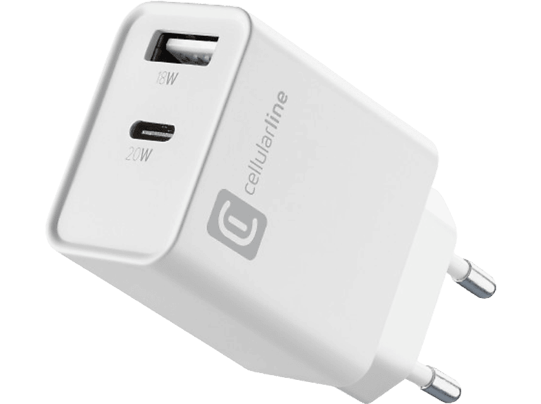 Cargador | CellularLine ACHOTHUSB2PD20WW, 20 W, Super Fast Charging, Sin Cable, Blanco