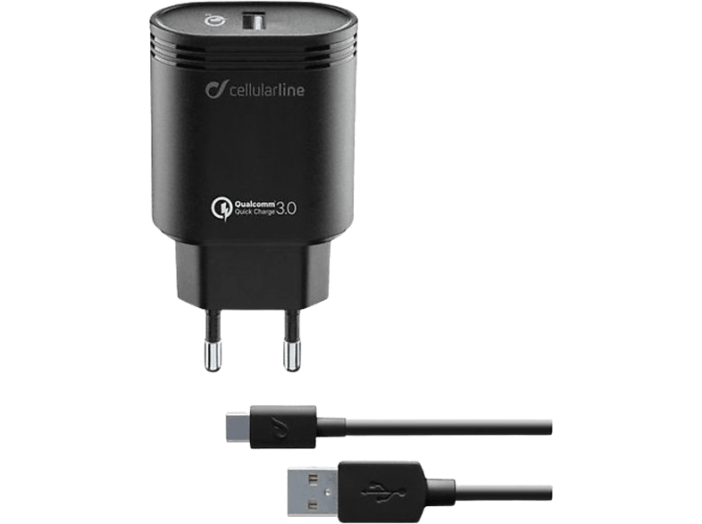 Cargador | CellularLine Charger Kit, 18W, Universal, USB 3.0 a USB-C, 1 m, Negro