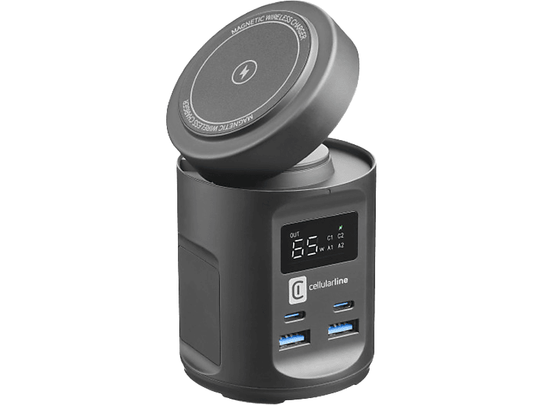 Cargador inalámbrico | CellularLine MAG HUB, Universal, 4 puertos USB, 64 W, USB-C, USB-A, Negro