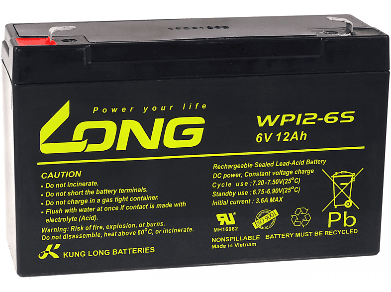 Baterías de Plomo | POWERY KungLong Batería plomo WP12-6S compatible con YUASA Modelo NP12-6 6V 12Ah 