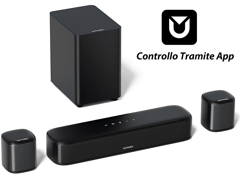 Barra de sonido con subwoofer  ULTIMEA 5.1 Barra de Sonido con Subwoofer y 2-Altavoces Traseros Control por App Bluetooth Subwoofer Con cable Negro