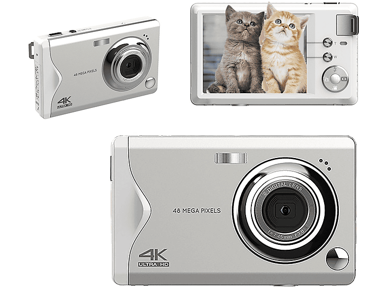 cámara para niños | FINE LIFE PRO 4K-Aufruf48 Mio. Pixel, Karte-Kamera mit beiden Kamerafunktionen Kompaktkamera 48 MP, Kinderkamera, 48 megapixel, Blanco 