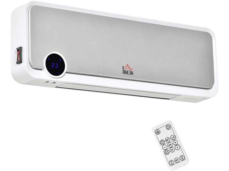 Calefactor cerámico  HOMCOM pantalla LED temporizador mando a distancia, 2000,00 W ajustable niveles de calor Blanco y Plata