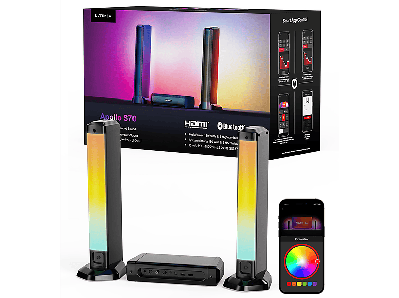 Barra de sonido sin subwoofer  ULTIMEA 5.0 Barra de Sonido con Control inteligente APP y Luz RGB Bluetooth Subwoofer Integrado Negro 