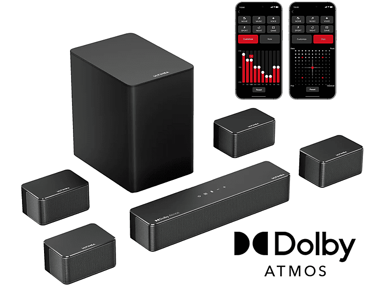 Barra de sonido con subwoofer  ULTIMEA 7.1 Barra de Sondio con Dolby Atmos y Subwoofer Inalámbrico Control por APP Bluetooth Subwoofer Inalámbrico Negro