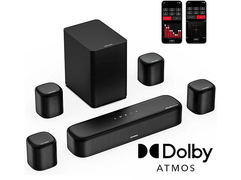 Barra de sonido con subwoofer  ULTIMEA Aura A60 - 7.1ch Barra de Sonido con Dolby Atmos y Subwoofer Control de la APP Bluetooth Subwoofer Con cable Nergro 